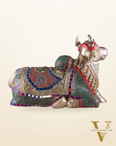 Elegant Brass Nandi Statue with Intricate Stonework 21"