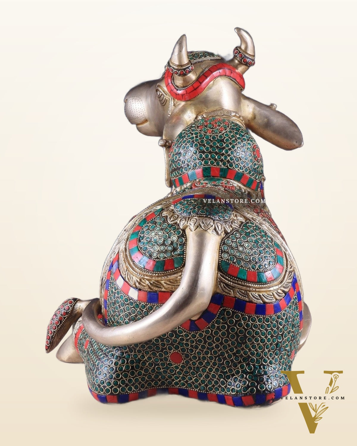 Elegant Brass Nandi Statue with Intricate Stonework 21"