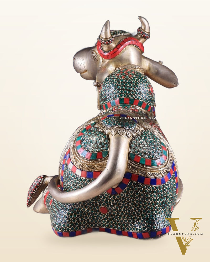 Elegant Brass Nandi Statue with Intricate Stonework 21"