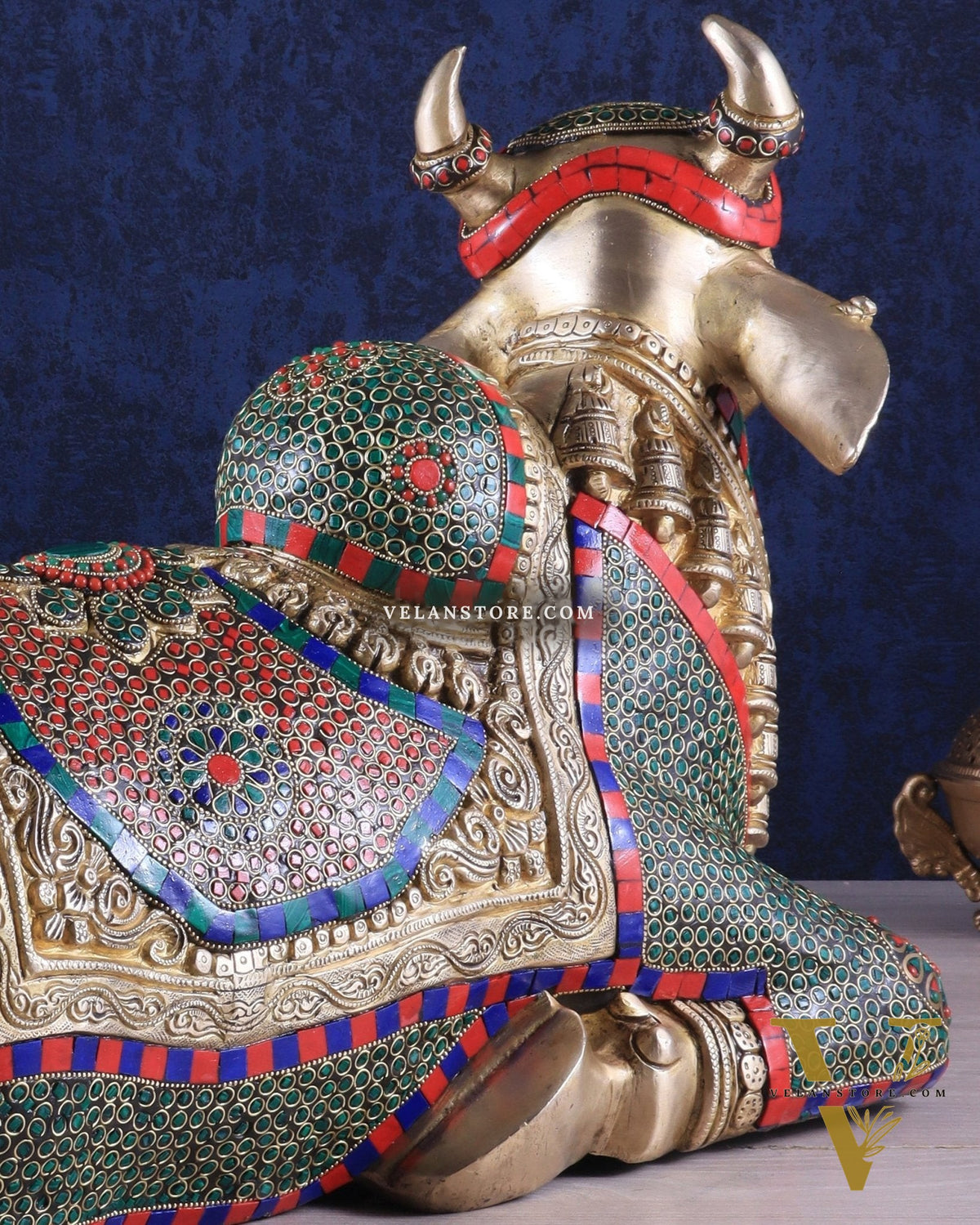 Elegant Brass Nandi Statue with Intricate Stonework 21"