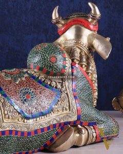 Elegant Brass Nandi Statue with Intricate Stonework 21"