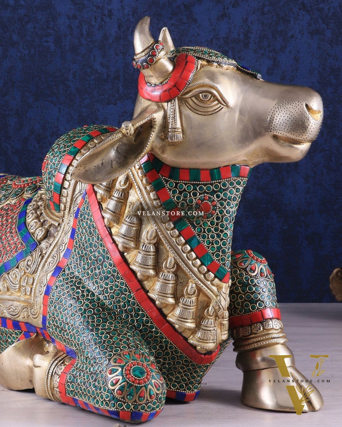 Elegant Brass Nandi Statue with Intricate Stonework 21"