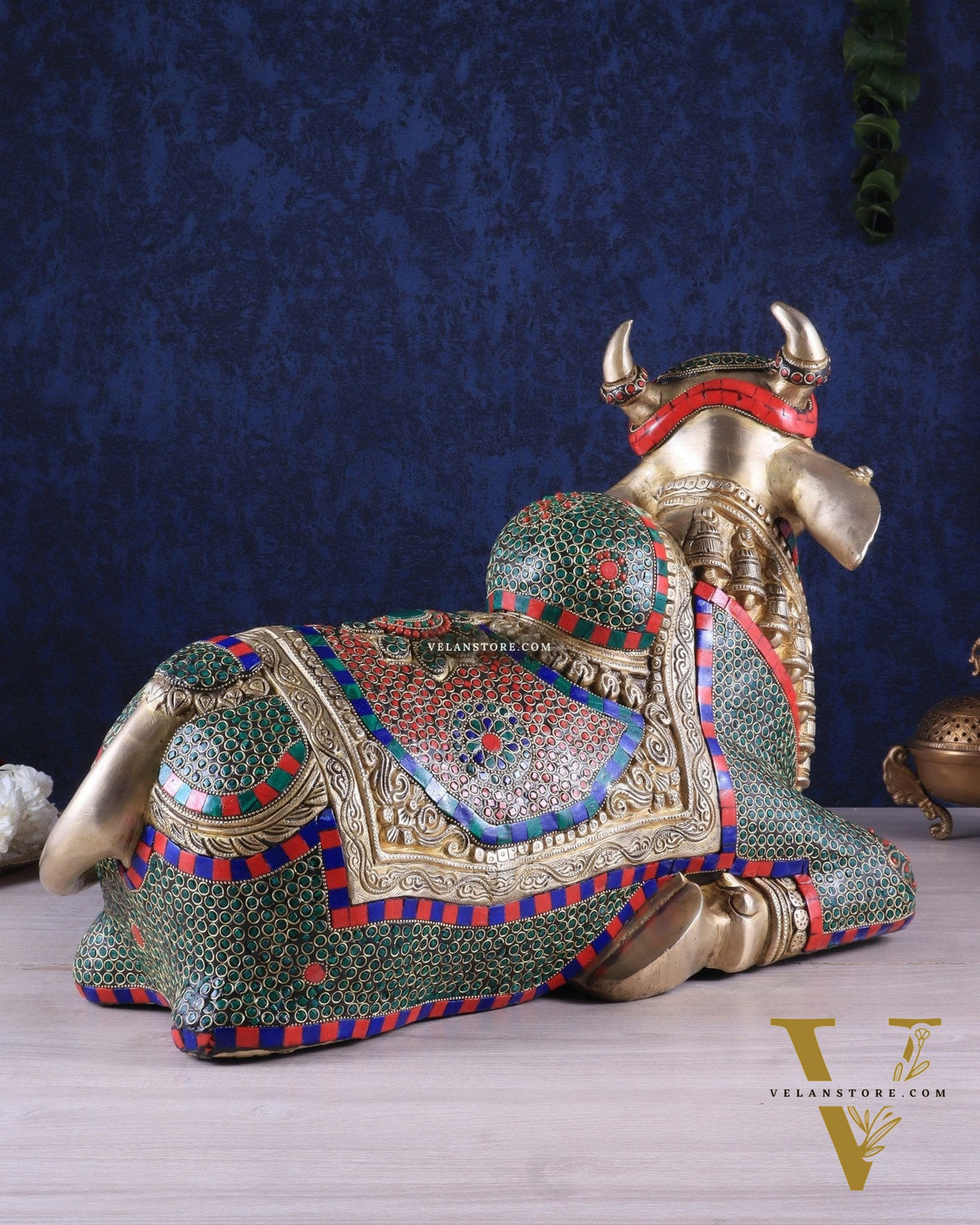 Elegant Brass Nandi Statue with Intricate Stonework 21"