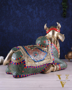 Elegant Brass Nandi Statue with Intricate Stonework 21"