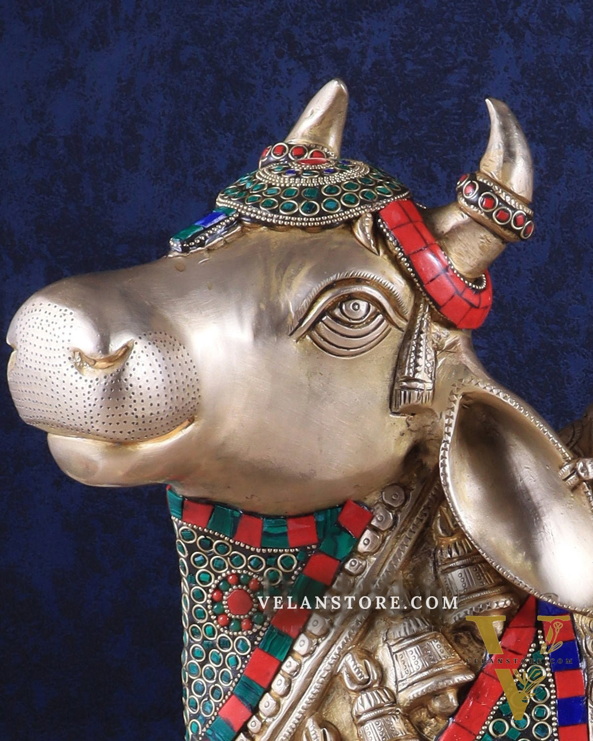 Elegant Brass Nandi Statue with Intricate Stonework 21"