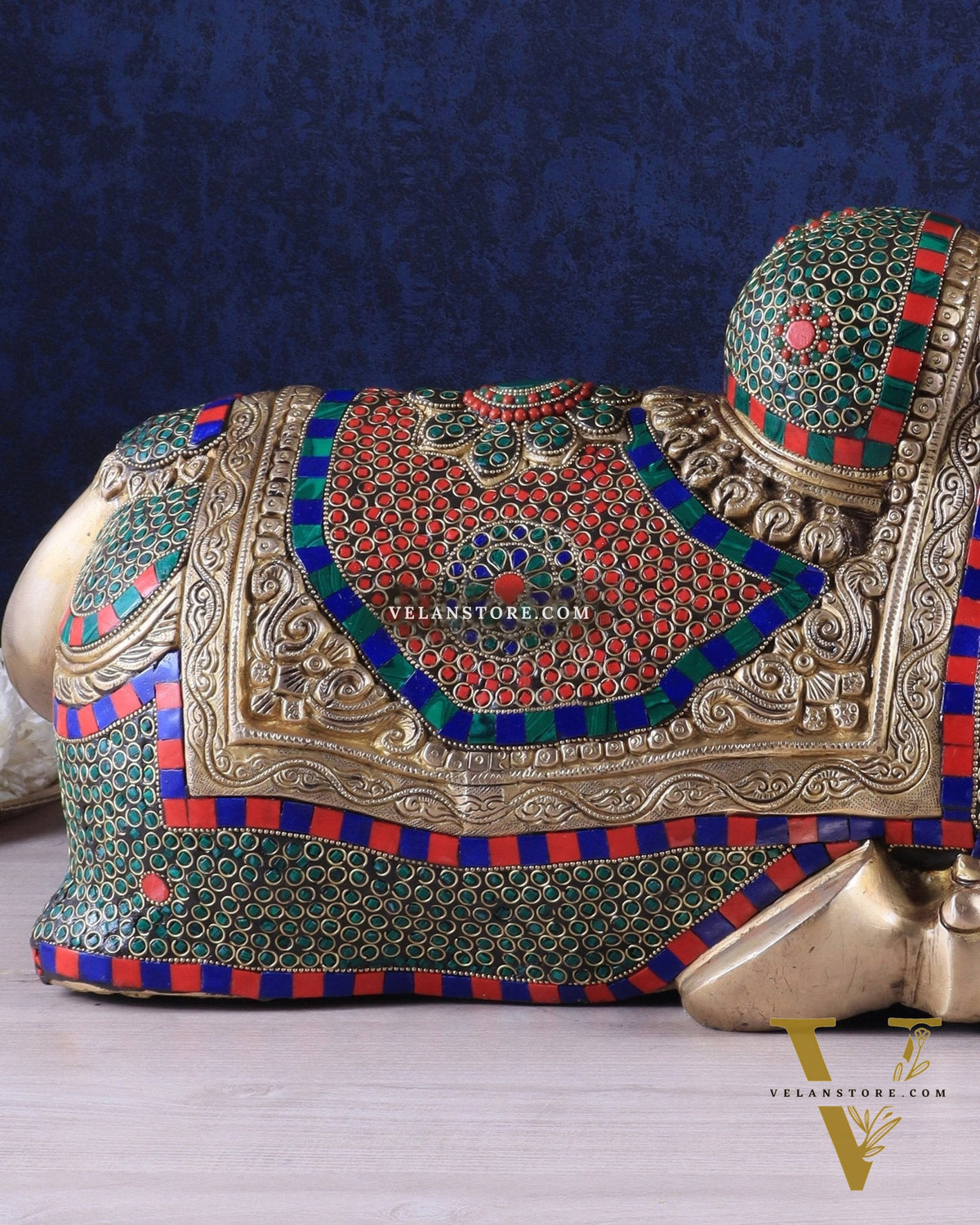 Elegant Brass Nandi Statue with Intricate Stonework 21"