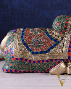 Elegant Brass Nandi Statue with Intricate Stonework 21"