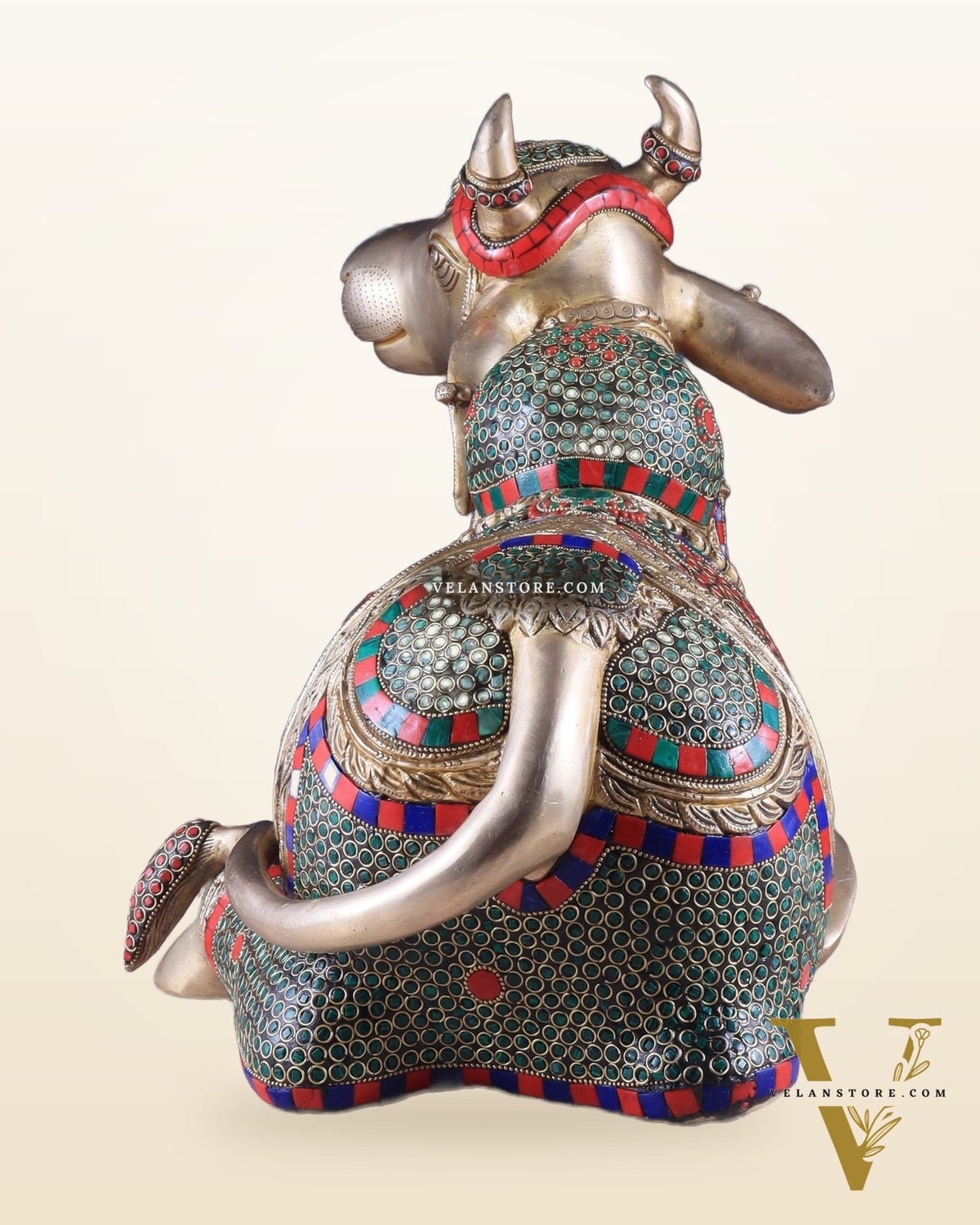 Elegant Brass Nandi Statue with Intricate Stonework 21"
