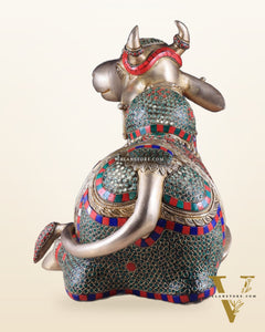 Elegant Brass Nandi Statue with Intricate Stonework 21"