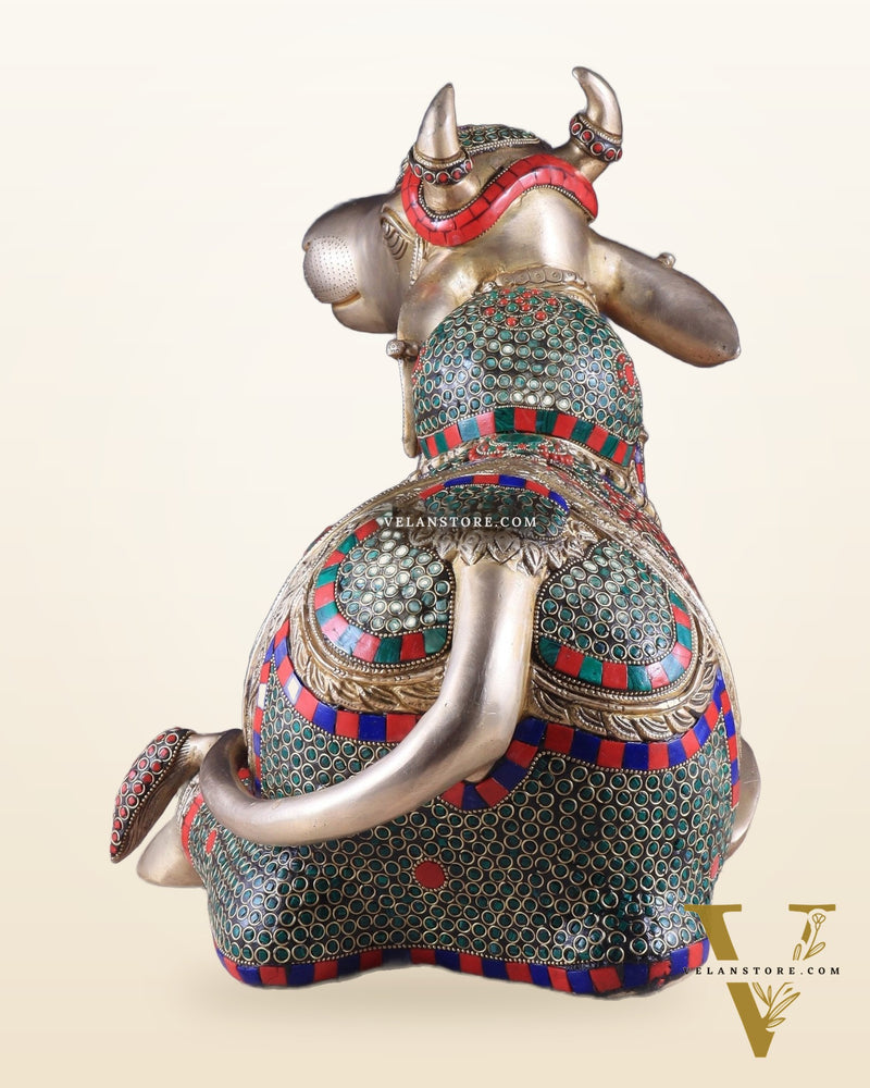 Elegant Brass Nandi Statue with Intricate Stonework 21"