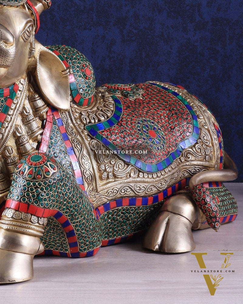 Elegant Brass Nandi Statue with Intricate Stonework 21"