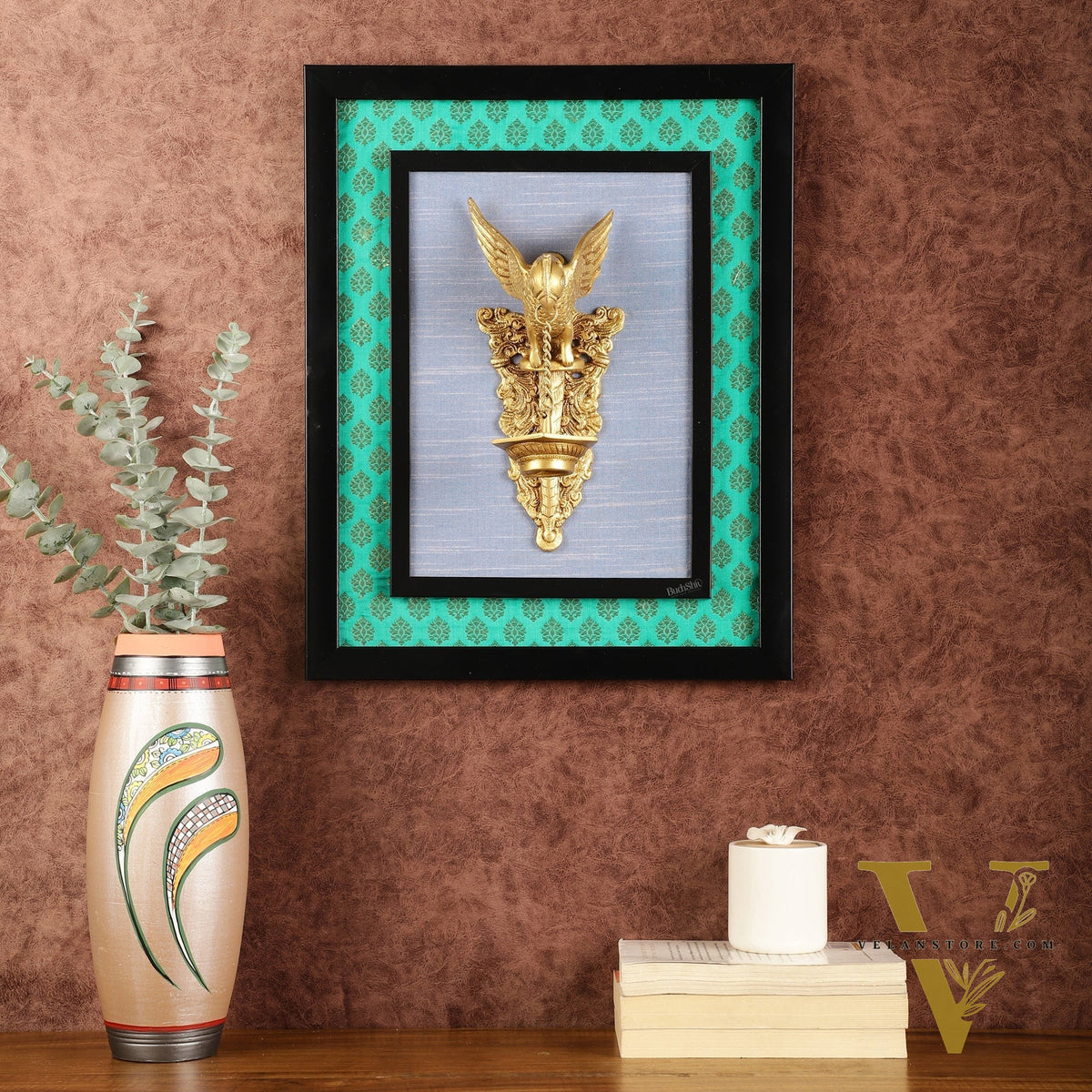 Elegant Brass Parrot Diya on Wooden Frame Wall Decor - 17.5" x 14"