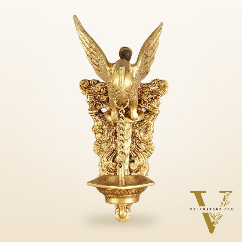 Elegant Brass Parrot Diya on Wooden Frame Wall Decor - 17.5" x 14"