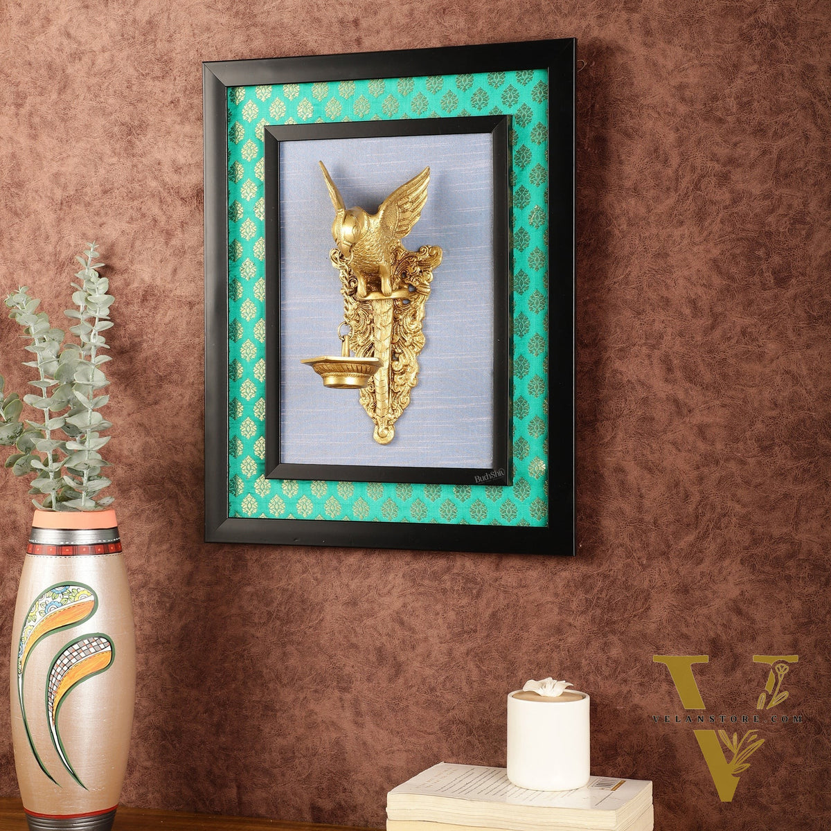 Elegant Brass Parrot Diya on Wooden Frame Wall Decor - 17.5" x 14"