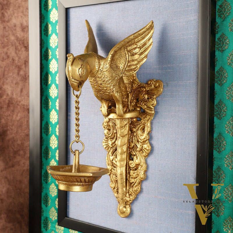 Elegant Brass Parrot Diya on Wooden Frame Wall Decor - 17.5" x 14"