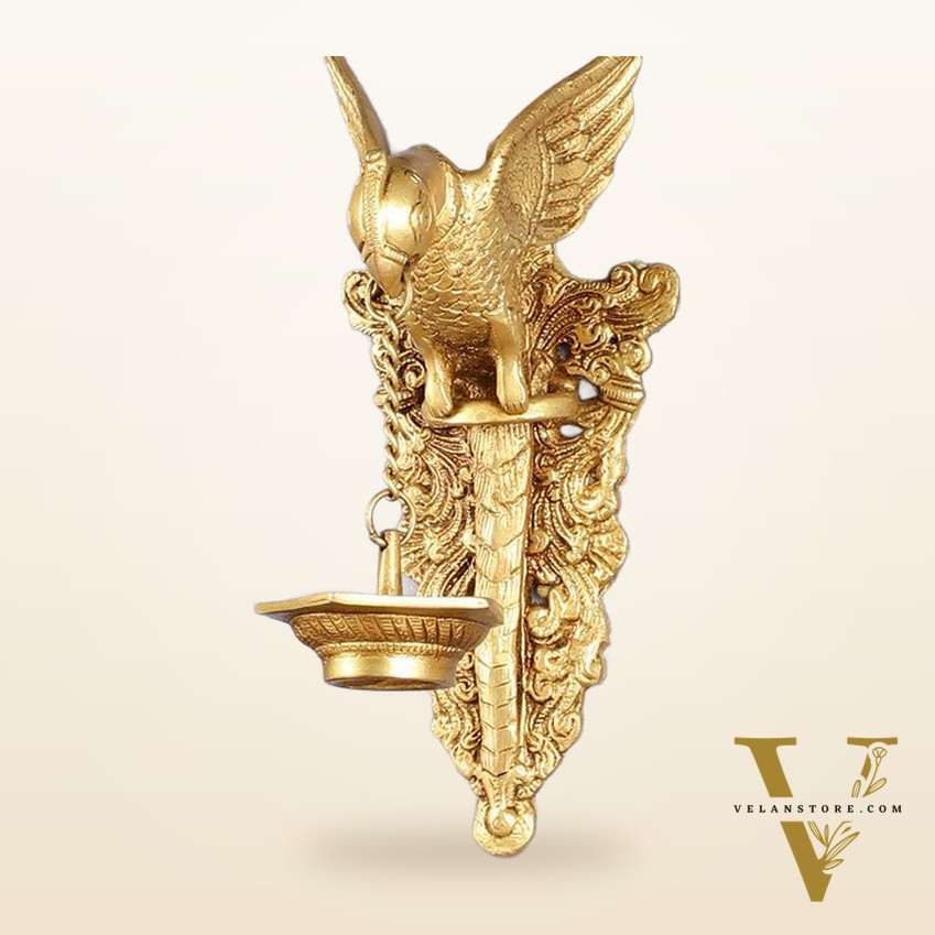 Elegant Brass Parrot Diya on Wooden Frame Wall Decor - 17.5" x 14"