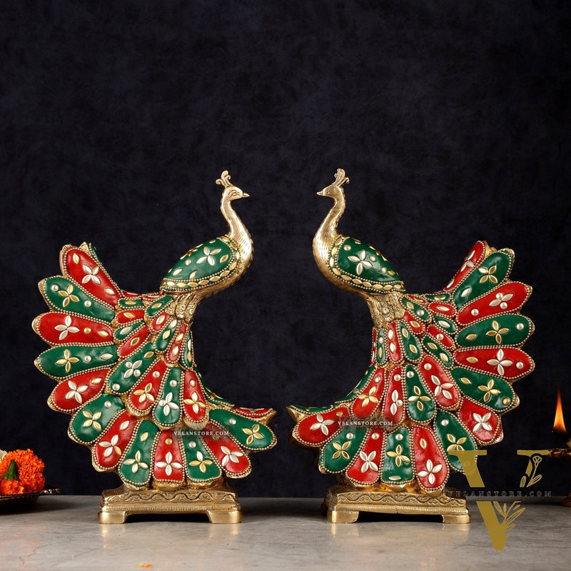 Elegant Brass Peacock Showpiece Pair | 10"