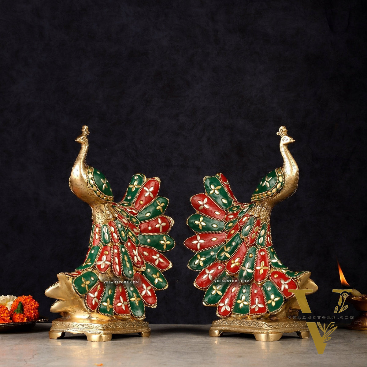 Elegant Brass Peacock Showpiece Pair | 10"