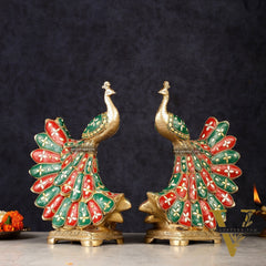 Elegant Brass Peacock Showpiece Pair | 10"