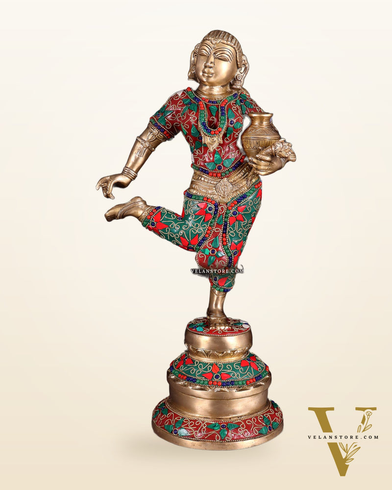 Elegant Brass Pot Lady Sculpture - 16.5" floral stonework