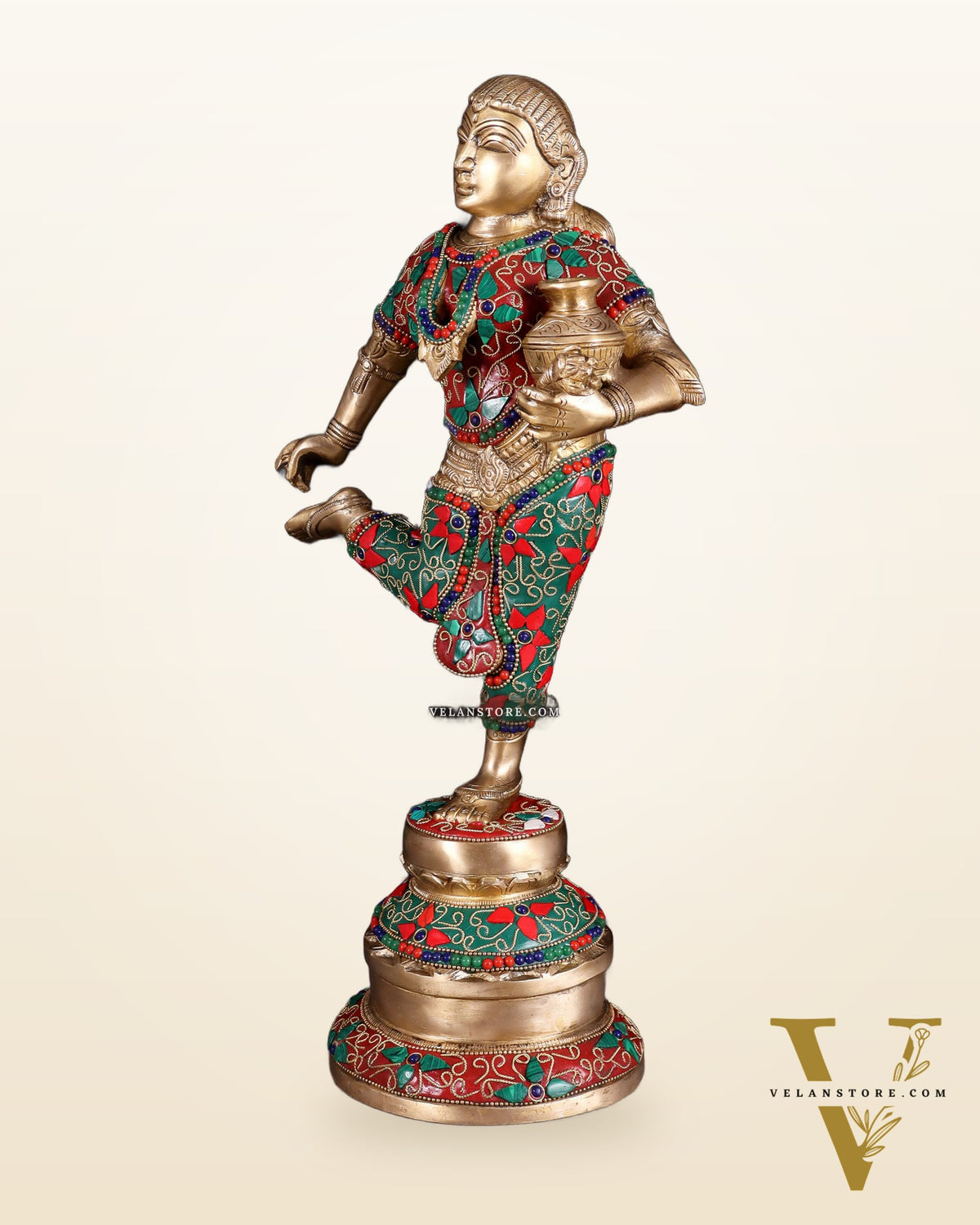 Elegant Brass Pot Lady Sculpture - 16.5" floral stonework