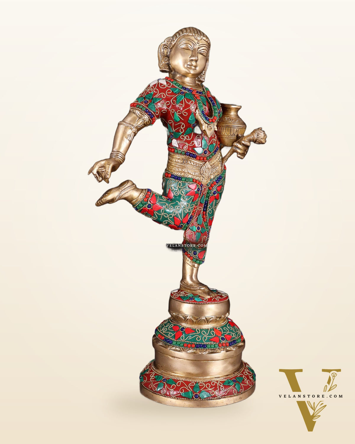 Elegant Brass Pot Lady Sculpture - 16.5" floral stonework