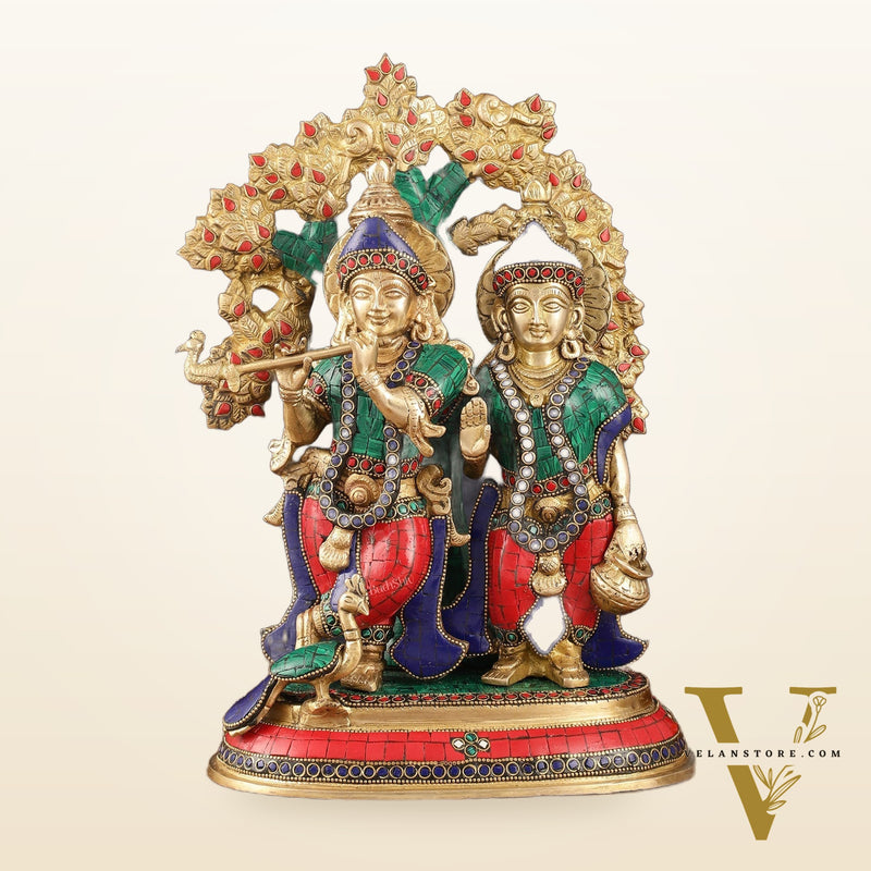 Elegant Brass Radha Krishna Idols with Kalpavriksha Tree & Peacock - 14" Meenakari Stonework