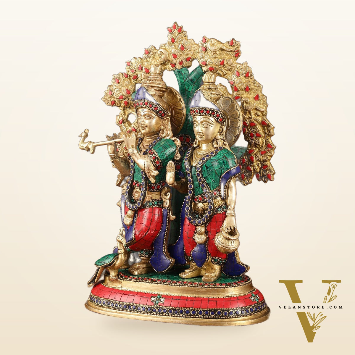 Elegant Brass Radha Krishna Idols with Kalpavriksha Tree & Peacock - 14" Meenakari Stonework