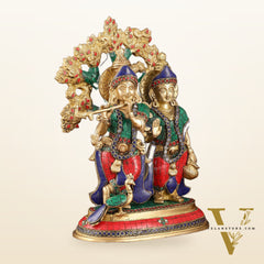 Elegant Brass Radha Krishna Idols with Kalpavriksha Tree & Peacock - 14" Meenakari Stonework