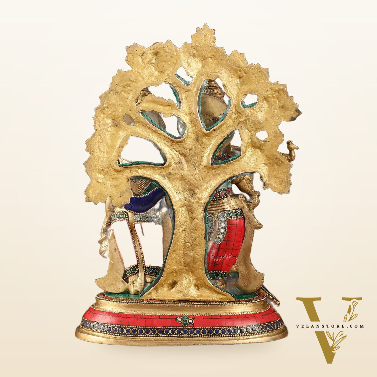 Elegant Brass Radha Krishna Idols with Kalpavriksha Tree & Peacock - 14" Meenakari Stonework