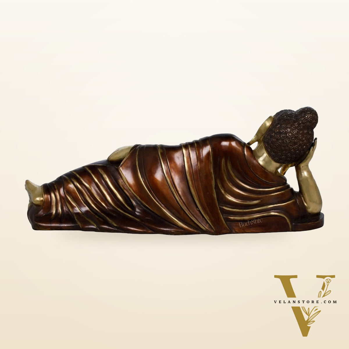 Elegant Brass Resting Buddha Statue – Dual Tone Brown Gold Finish 29"