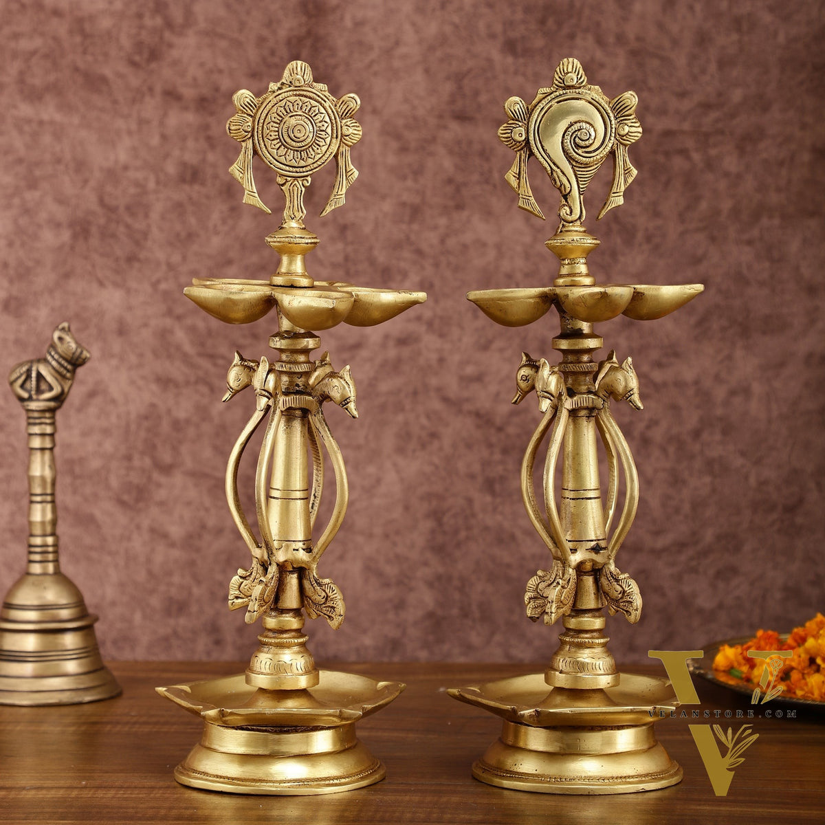 Elegant Brass Shankh Chakra vilakku Lamps - | 15 inch