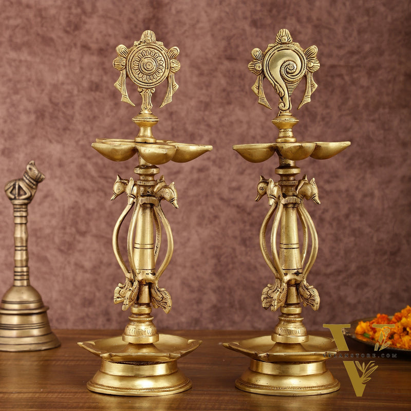 Elegant Brass Shankh Chakra vilakku Lamps - | 15 inch