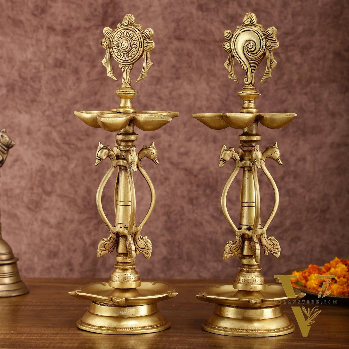 Elegant Brass Shankh Chakra vilakku Lamps - | 15 inch