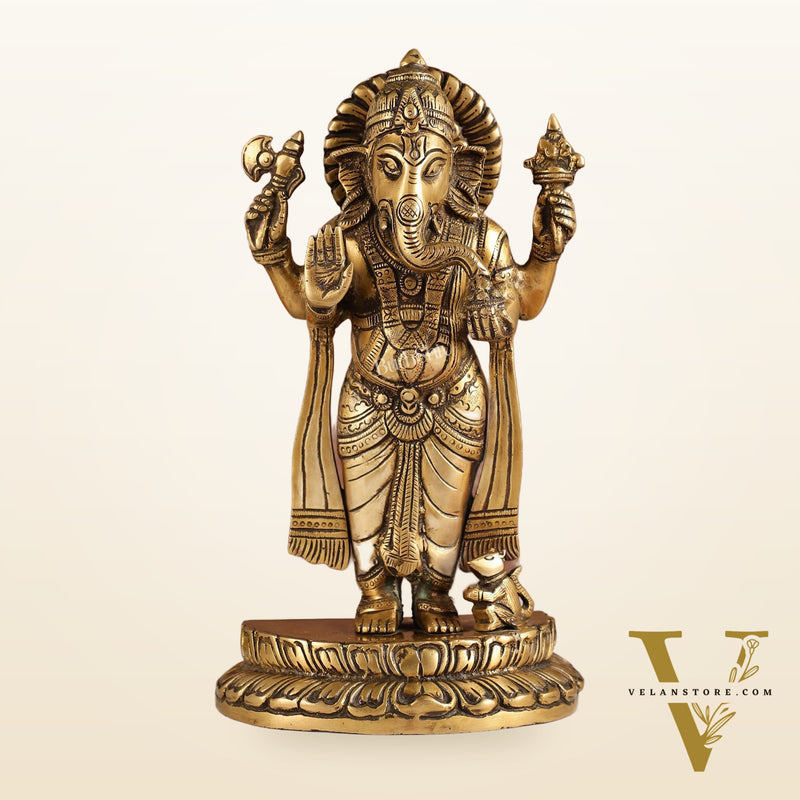 Elegant Brass Standing Blessing Ganesha Idol with 4 Arms - 12 Inch