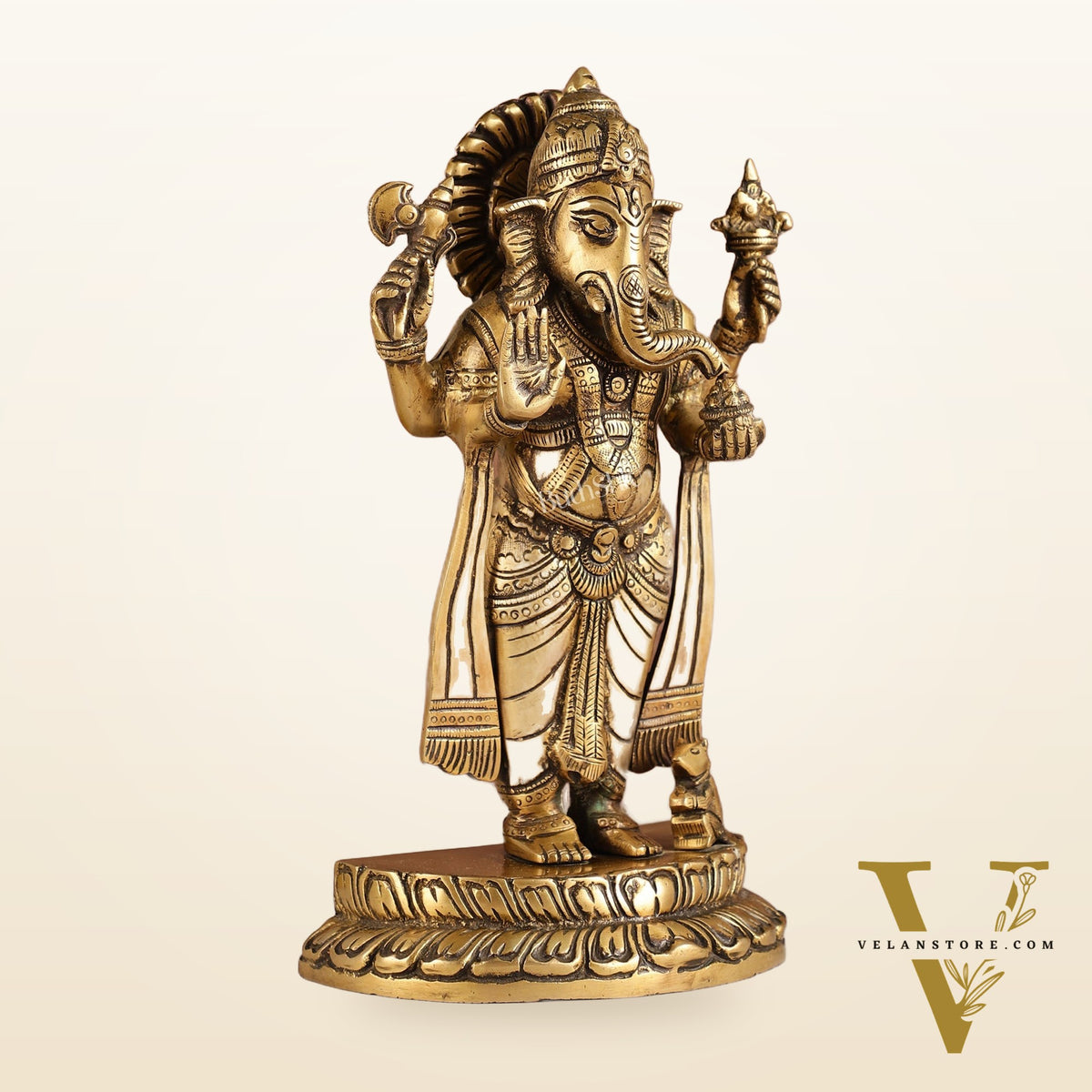 Elegant Brass Standing Blessing Ganesha Idol with 4 Arms - 12 Inch