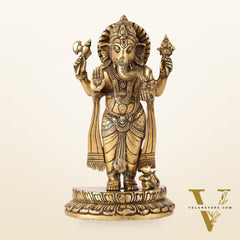 Elegant Brass Standing Blessing Ganesha Idol with 4 Arms - 12 Inch
