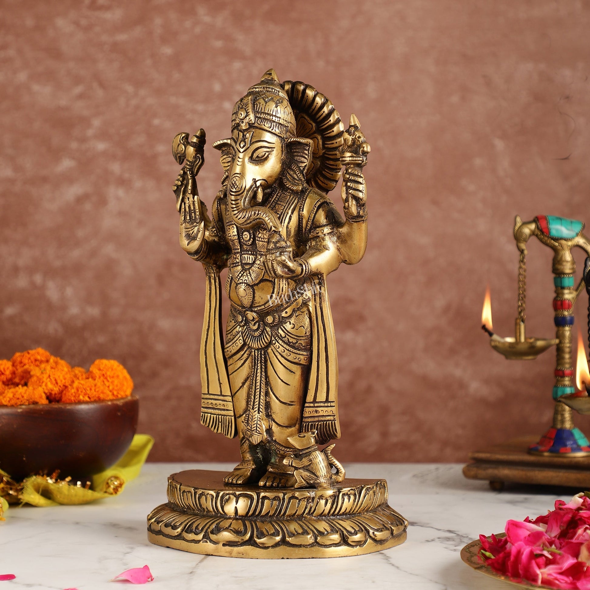 Elegant Brass Standing Blessing Ganesha Idol with 4 Arms - 12 Inch