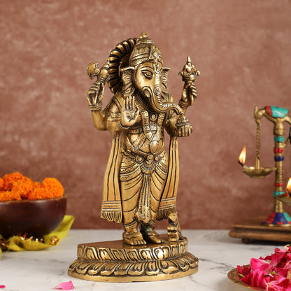 Elegant Brass Standing Blessing Ganesha Idol with 4 Arms - 12 Inch