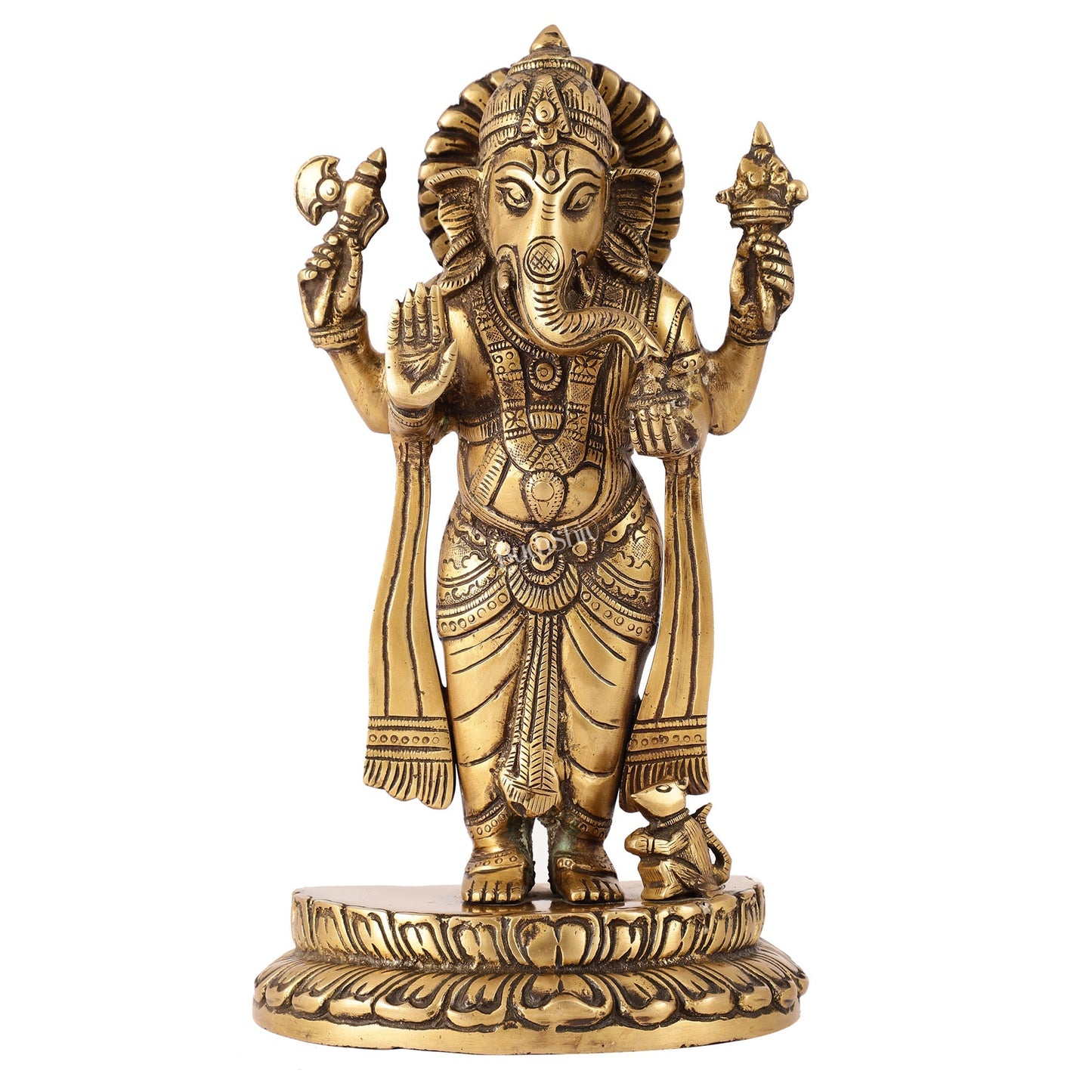 Elegant Brass Standing Blessing Ganesha Idol with 4 Arms - 12 Inch