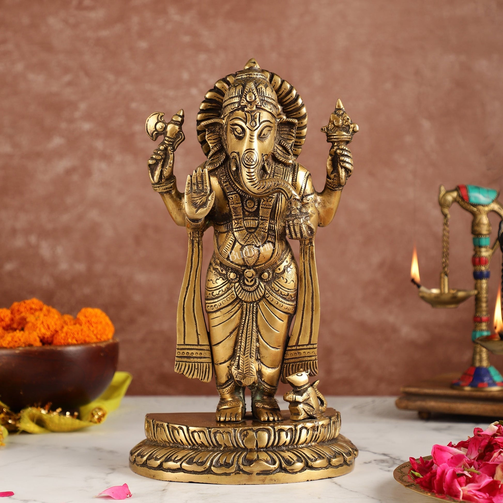 Elegant Brass Standing Blessing Ganesha Idol with 4 Arms - 12 Inch