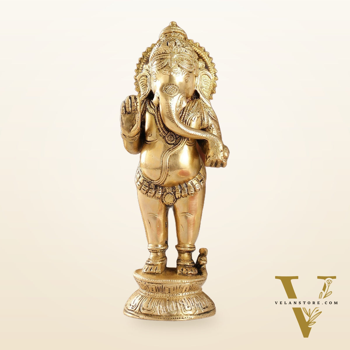Elegant Brass Standing Ganesha with Modak | 9.5" Height