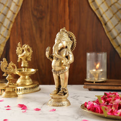 Elegant Brass Standing Ganesha with Modak | 9.5" Height
