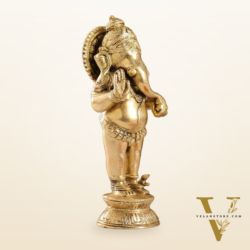 Elegant Brass Standing Ganesha with Modak | 9.5" Height