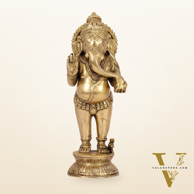 Elegant Brass Standing Ganesha with Modak | 9.5" Height