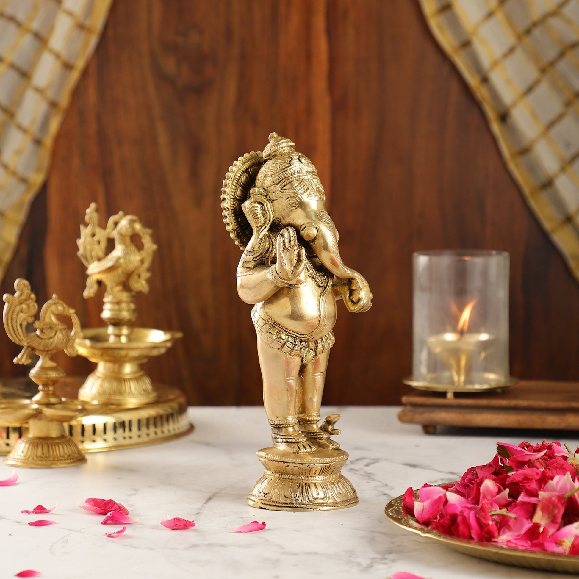 Elegant Brass Standing Ganesha with Modak | 9.5" Height
