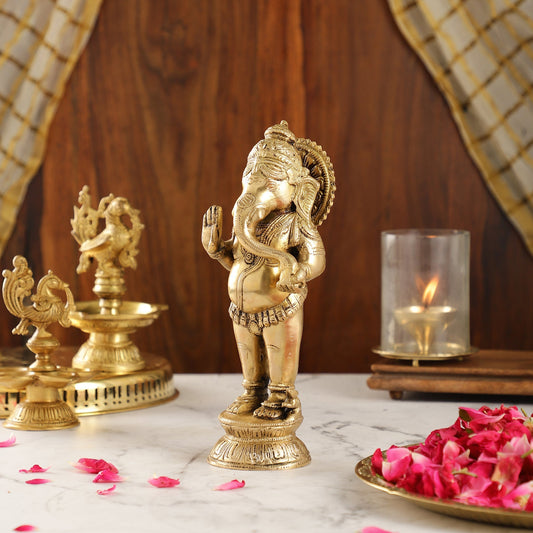 Elegant Brass Standing Ganesha with Modak | 9.5" Height
