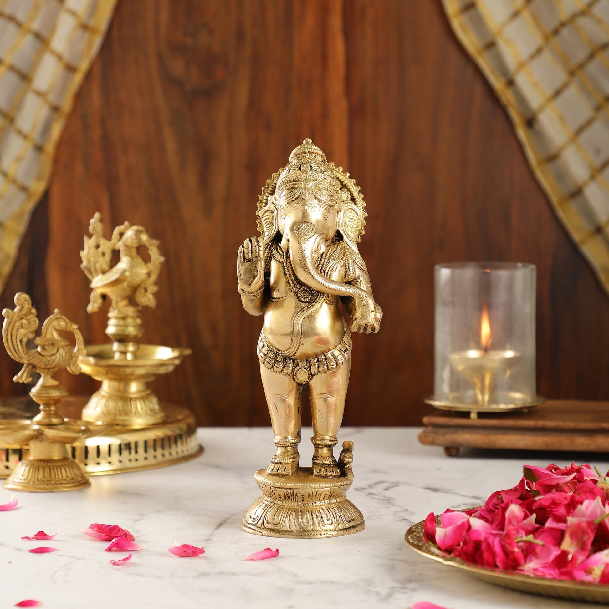 Elegant Brass Standing Ganesha with Modak | 9.5" Height