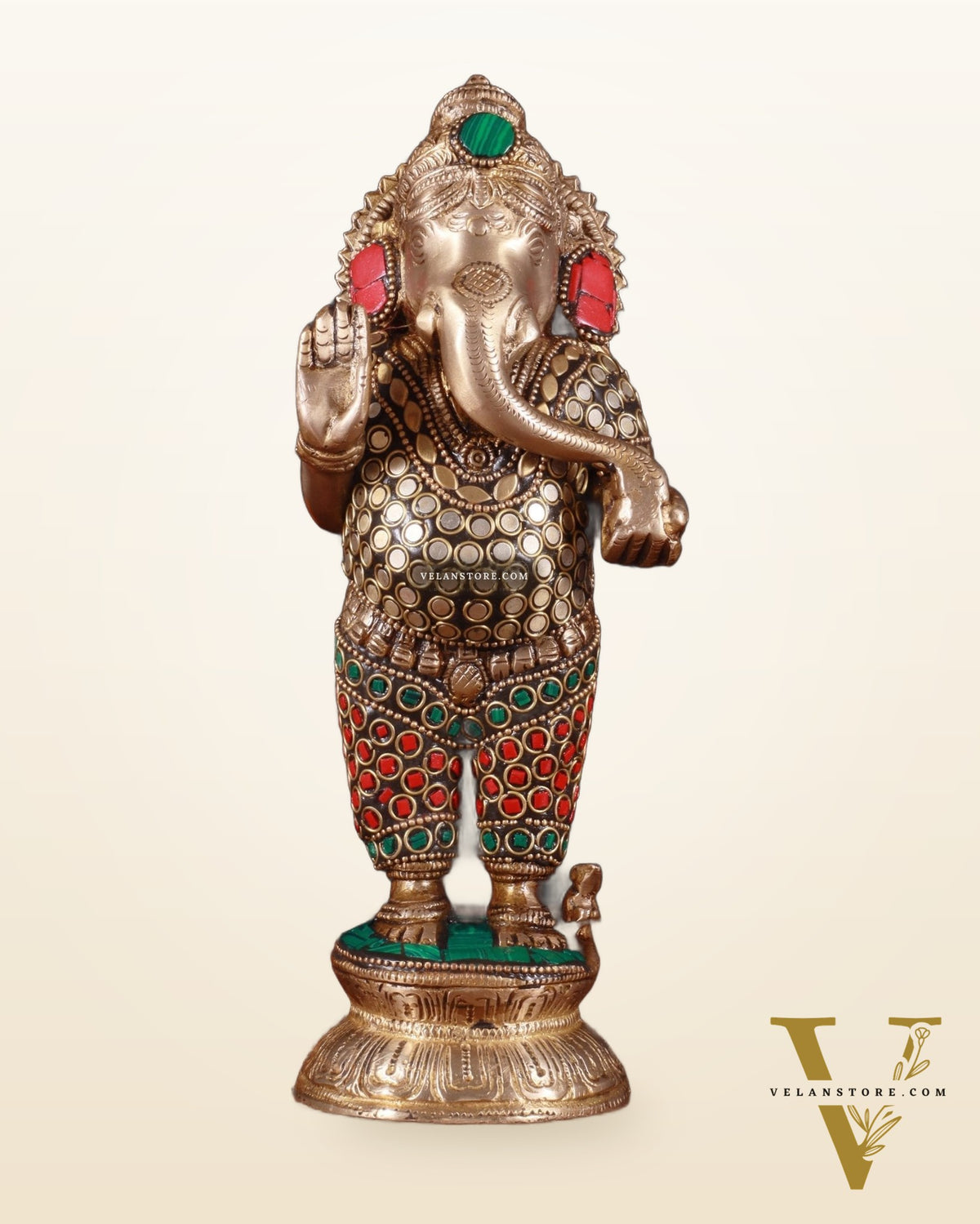 Elegant Brass Standing Ganesha with stonework | 9.5" Height