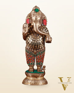 Elegant Brass Standing Ganesha with stonework | 9.5" Height